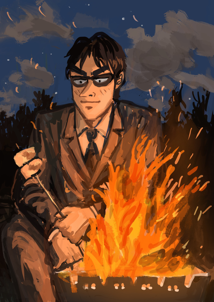 1-nichi_gaishutsuroku_hanchou 1boy absurdres black_eyes black_hair black_jacket black_necktie black_pants blazer blue_sky campfire closed_mouth clouds collared_shirt commentary_request cooking feet_out_of_frame fire fukumoto_nobuyuki_(style) highres jacket kaiji long_sleeves male_focus minahamu miyamoto_hajime necktie night official_style pants parody pointy_nose s'more shirt short_bangs short_hair sky smile solo style_parody suit sunglasses thick_eyebrows v-shaped_eyebrows white_shirt