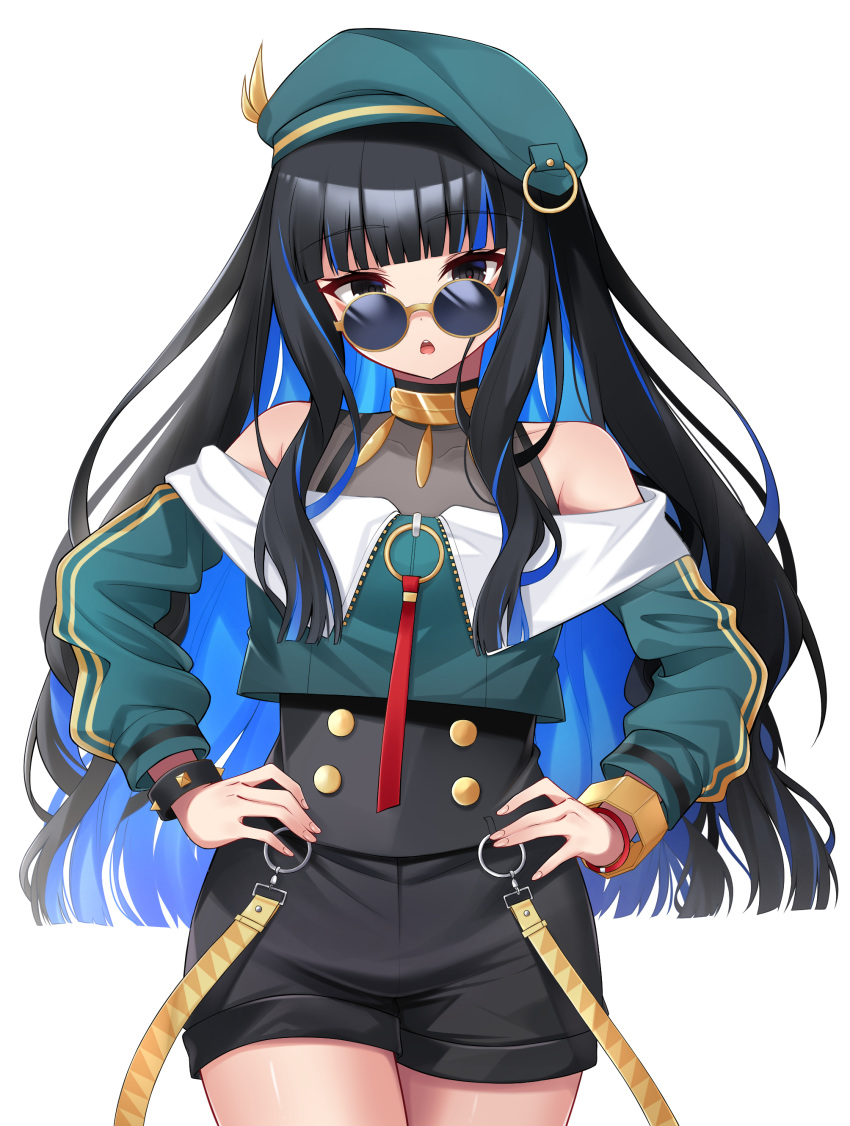 1girl absurdres bare_shoulders beret black_hair blue_hair bracelet colored_inner_hair fate/grand_order fate_(series) hands_on_own_hips hat highres hoshino_reiji jacket jewelry long_hair looking_at_viewer looking_over_eyewear multicolored_hair neck_ring open_mouth round_eyewear sunglasses tenochtitlan_(fate) tenochtitlan_(second_ascension)_(fate)