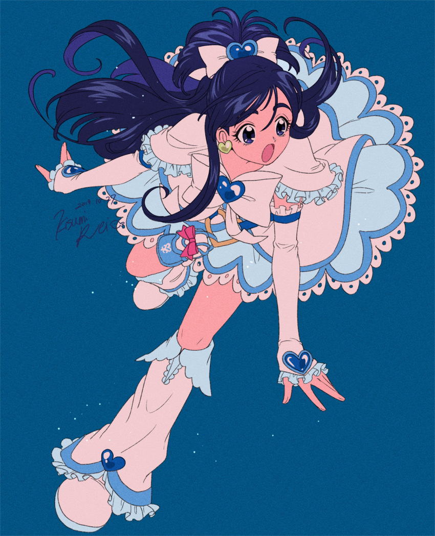 1girl absurdres blue_background blue_eyes blue_hair boots bow cure_white detached_sleeves dress frilled_boots frilled_dress frills full_body futari_wa_precure futari_wa_precure_max_heart hair_bow highres kisumi_rei long_hair looking_to_the_side magical_girl open_mouth pouch precure white_dress white_footwear yukishiro_honoka