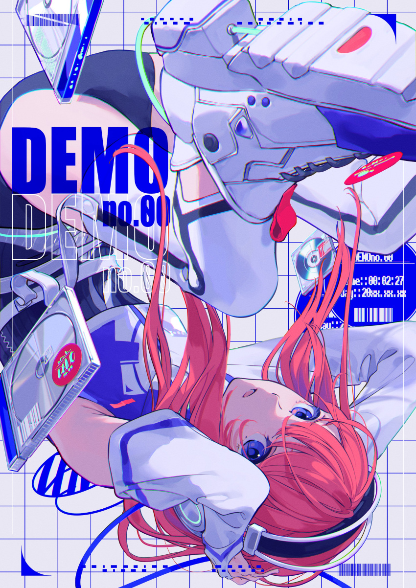 1girl absurdres armpit_crease barcode blue_eyes bridal_gauntlets cd cd_case grid_background hands_on_own_head headphones highres holding_own_head looking_at_viewer original parted_lips redhead ritao_kamo shoe_soles shoes sneakers solo upside-down
