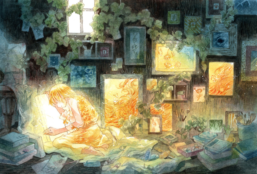 1girl absurdres blonde_hair book canvas_(object) closed_eyes full_body highres ivy leaf long_hair megumi_(mg3) original paint painting_(object) paper picture_frame sitting solo window