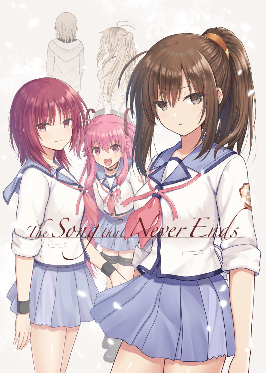 5girls :d ahoge angel_beats! arms_at_sides black_wrist_cuffs blue_sailor_collar blue_skirt blush brown_eyes brown_hair character_request closed_mouth commentary_request cover cover_page cowboy_shot doujin_cover eyes_visible_through_hair falling_petals fang hair_between_eyes highres hisako_(angel_beats!) iwasawa_masami kirisaki_(angel_beats!) long_hair long_sleeves looking_at_viewer medium_hair miniskirt multiple_girls nakamura_hinato neckerchief open_mouth parted_lips petals pink_eyes pink_hair pink_neckerchief pleated_skirt ponytail red_eyes redhead sailor_collar shirt sidelocks skirt sleeves_rolled_up smile standing thigh_strap tsurime two_side_up white_shirt wrist_cuffs yui_(angel_beats!)
