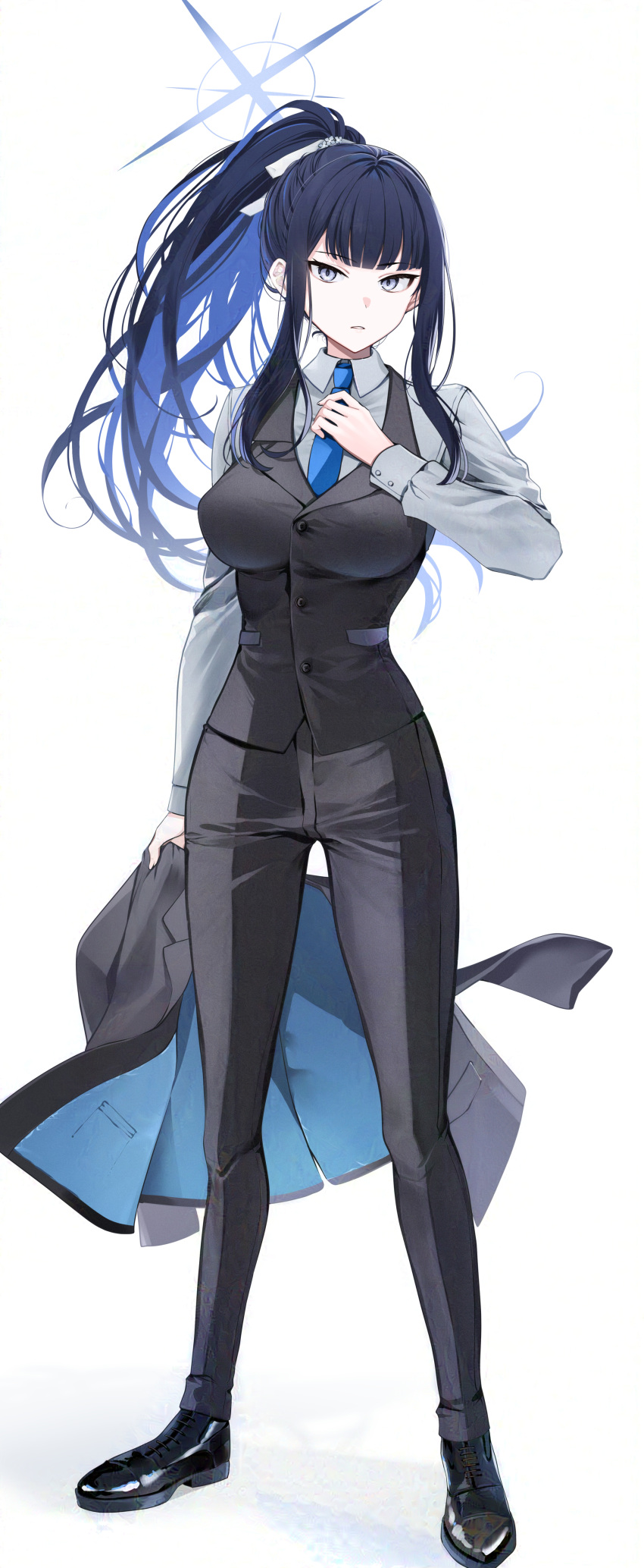 1girl absurdres adjusting_clothes adjusting_necktie alternate_costume black_hair blue_archive blue_halo breasts colored_inner_hair full_body halo highres holding holding_clothes holding_jacket jacket large_breasts long_sleeves looking_at_viewer multicolored_hair necktie pants ponytail saori_(blue_archive) simple_background solo suit vest white_background yunamaro