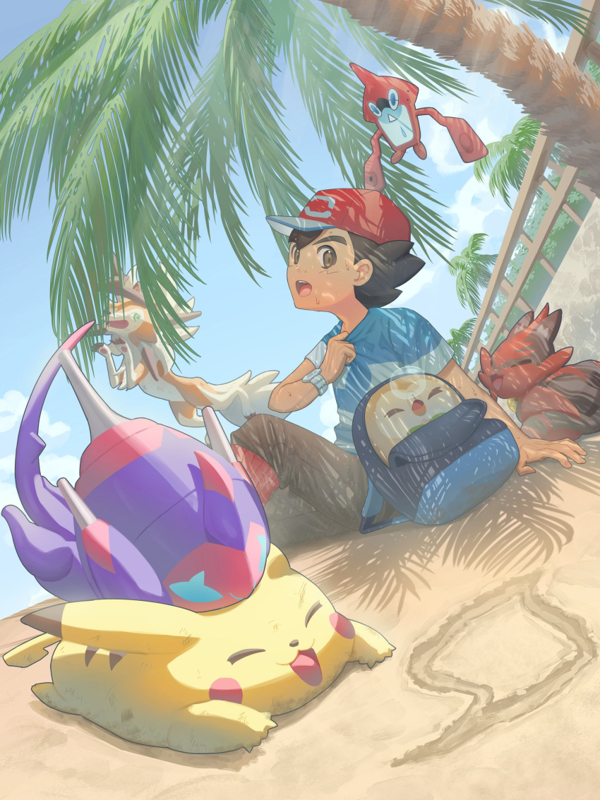 1boy absurdres arm_support ash_ketchum backpack bag blue_shirt commentary_request day hand_up hat highres lycanroc lycanroc_(dusk) male_focus mokukitusui open_mouth outdoors palm_tree pants pikachu poipole pokemon pokemon_(anime) pokemon_(creature) pokemon_sm_(anime) red_hat rotom rotom_dex rowlet sand shirt short_hair short_sleeves sitting sky striped_clothes striped_shirt torracat tree unworn_backpack unworn_bag