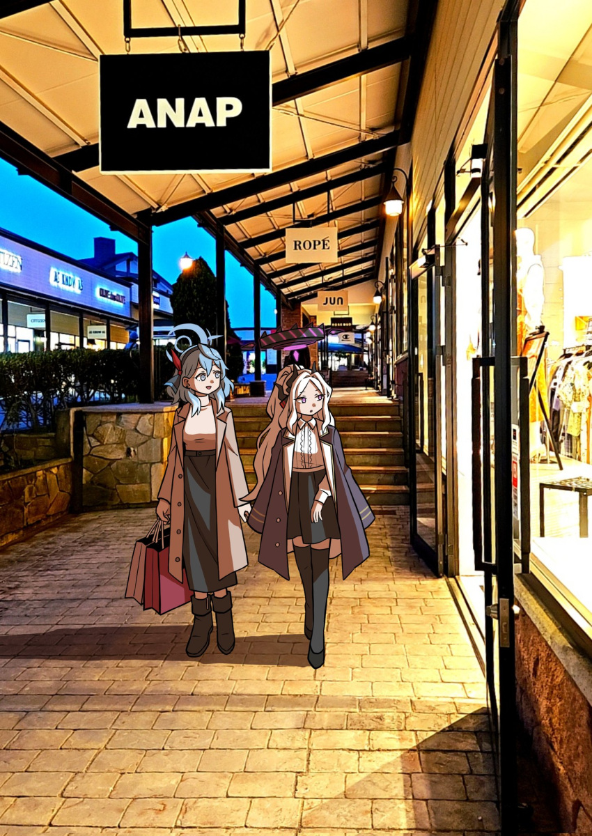 2girls :d ako_(blue_archive) bag black_footwear black_skirt black_thighhighs blue_archive blue_eyes blue_hair boots brown_coat casual coat commentary_request demon_girl demon_horns forehead full_body hair_between_eyes hairband halo high-waist_skirt highres hina_(blue_archive) holding horns jacket jacket_on_shoulders knee_boots long_hair long_sleeves looking_afar multiple_girls night night_sky official_alternate_costume official_alternate_hairstyle open_clothes open_coat outdoors parted_bangs parted_lips photo_background ponytail purple_jacket shopping_bag shopping_district sidelocks skirt sky smile sweater thigh-highs turtleneck turtleneck_sweater violet_eyes walking washin wavy_hair white_hair window window_shopping zettai_ryouiki