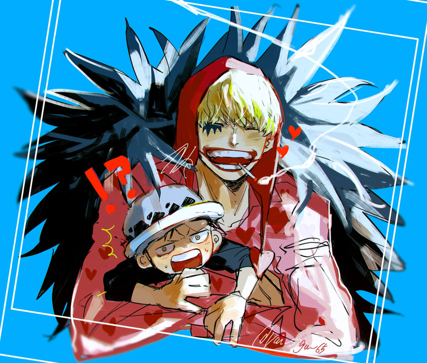 !? 2boys ^_^ azisaiharumaki56 black_coat blonde_hair blue_background blunt_bangs carrying carrying_person child cigarette closed_eyes coat commentary donquixote_rocinante facial_mark feather_coat hat heart highres hood hug long_sleeves looking_at_viewer male_focus multiple_boys one_piece pink_shirt shirt signature smoke sweatdrop symbol-only_commentary trafalgar_law upper_body