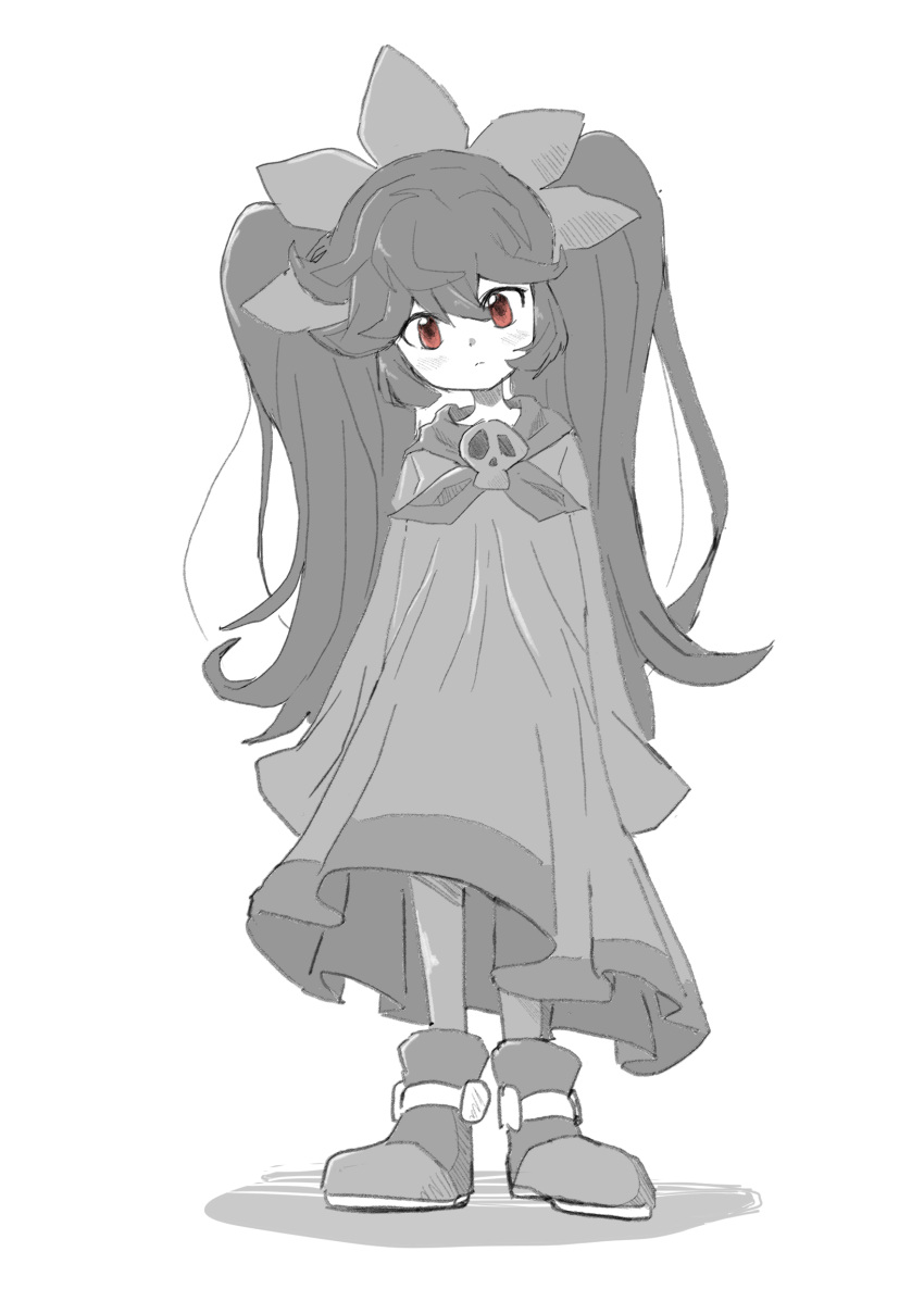 1girl absurdres ashley_(warioware) black_hair detesu dress flat_chest greyscale hair_between_eyes highres loli long_hair looking_at_viewer monochrome red_eyes simple_background skull skull_brooch skull_ornament solo twintails warioware warioware:_move_it! white_background
