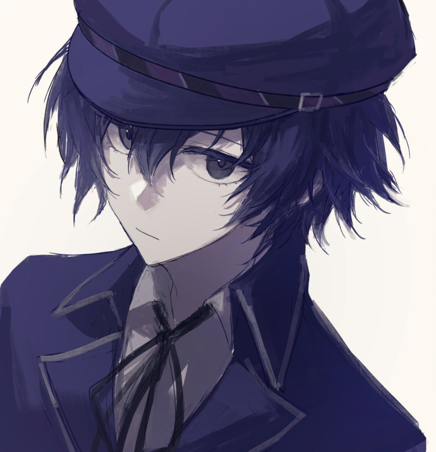 1girl black_bow blue_hair blue_shirt bow cabbie_hat detective grey_eyes hat highres persona persona_4 reverse_trap shirogane_naoto shirt short_hair simple_background solo stille_03 tomboy uniform upper_body white_background