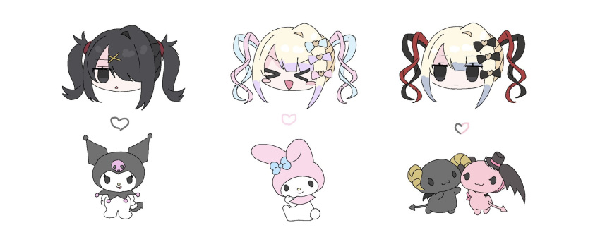 &gt;_&lt; 3girls :d ame-chan_(needy_girl_overdose) berry_(sanrio) black_bow black_hair blonde_hair blue_bow blue_eyes blue_hair blush_stickers bow cherry_(sanrio) chibi chouzetsusaikawa_tenshi-chan chouzetsusaikawa_tenshi-chan_(dark_angel) closed_eyes closed_mouth commentary_request dark_persona hair_bow hair_ornament hair_over_one_eye head_only heart highres kuromi long_hair looking_at_viewer multicolored_hair multiple_girls multiple_persona my_melody needy_girl_overdose onegai_my_melody open_mouth pink_bow pink_hair purple_bow quad_tails redhead sanrio simple_background smile twintails white_background x_hair_ornament xd yui_(htbanz3)