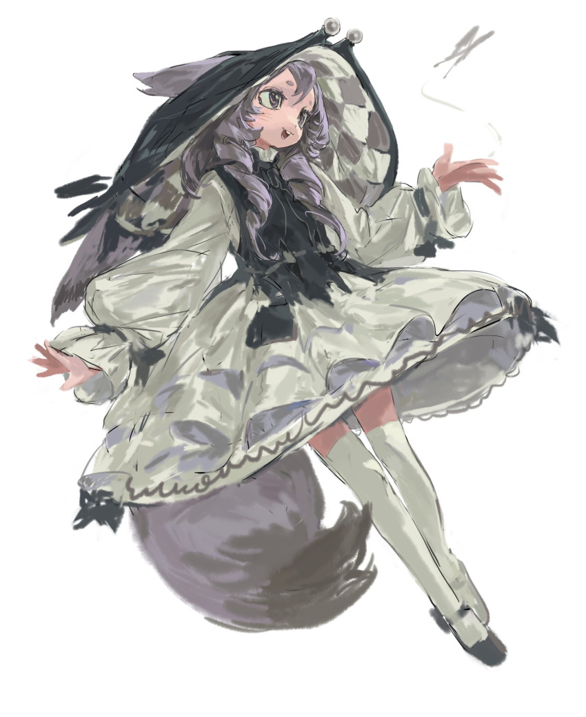 1girl animal_ears bug butterfly dress drill_hair erming225 full_body grey_eyes grey_hair hat highres long_hair long_sleeves open_mouth original short_eyebrows simple_background sketch smile solo tail thigh-highs white_background white_thighhighs zettai_ryouiki