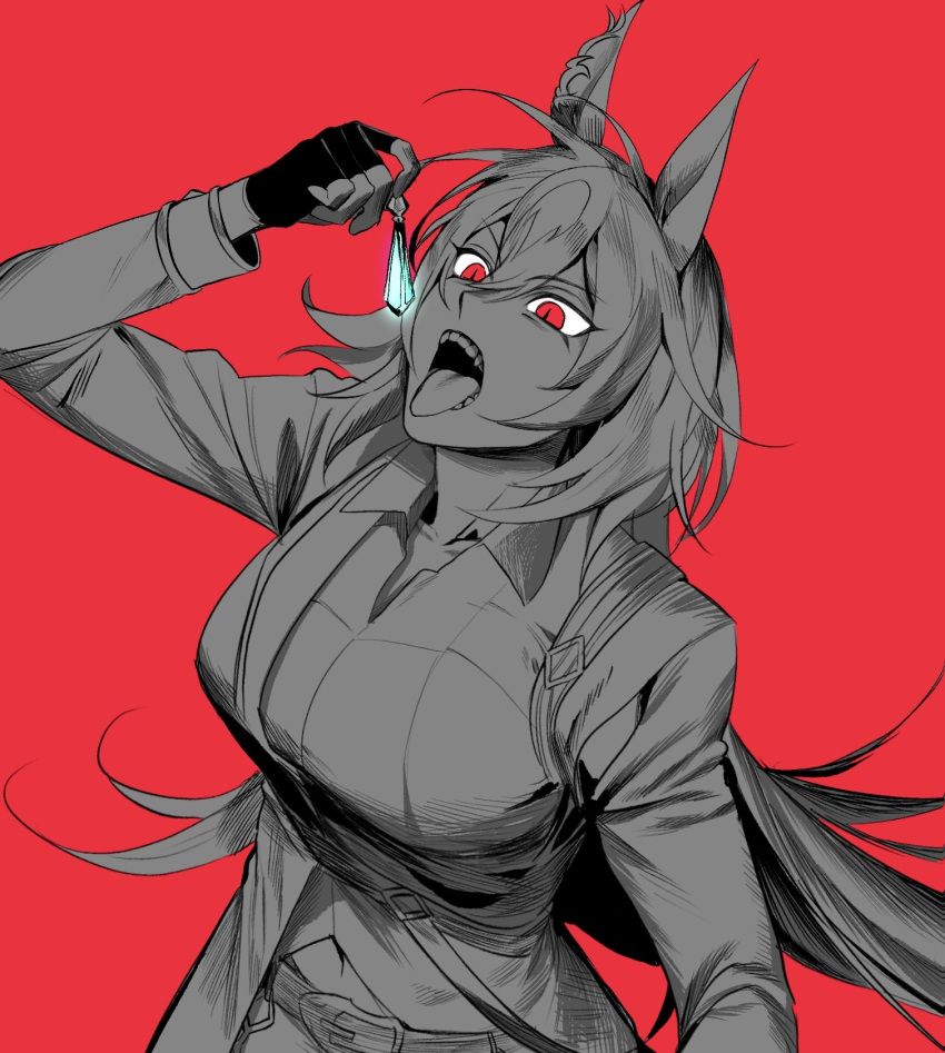 1girl animal_ears arm_up belt breasts collared_shirt fangs fingerless_gloves gloves hair_between_eyes highres holding_earrings horse_ears jacket large_breasts long_hair long_sleeves looking_up open_mouth partially_colored red_background red_eyes shirt simple_background sirius_symboli_(umamusume) slit_pupils solo symboli_rudolf_(umamusume) tongue tongue_out ukka_(0ukka_) umamusume upper_body
