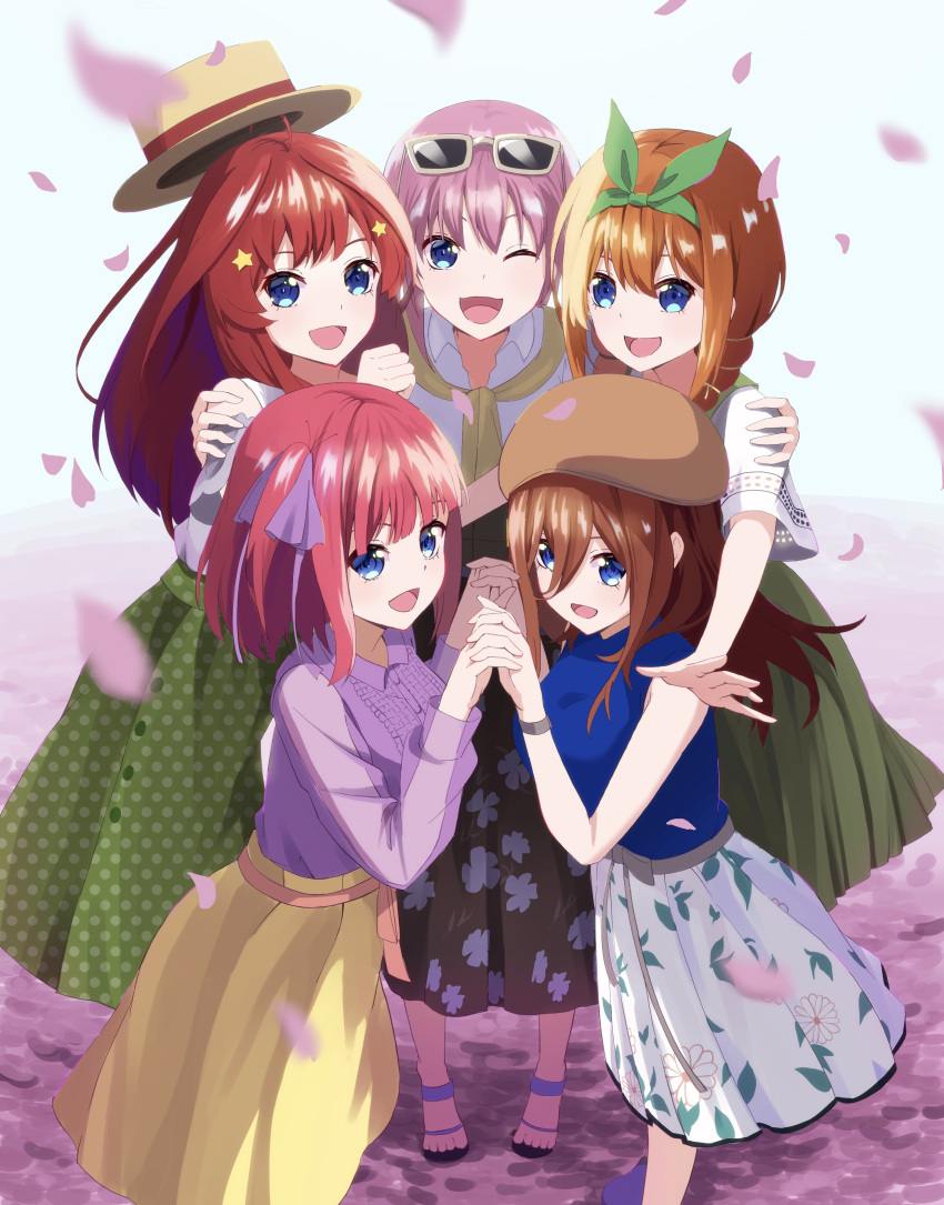 5girls :d ;d absurdres ahoge alternate_costume beret blue_eyes blue_shirt blunt_bangs blurry brown_hair brown_hat brown_skirt casual collared_shirt commentary_request depth_of_field eyebrows_hidden_by_hair eyewear_on_head falling_petals feet_out_of_frame floral_print full_body go-toubun_no_hanayome green_ribbon green_skirt hair_between_eyes hair_ornament hair_over_one_eye hair_ribbon hand_on_another's_shoulder hands_up happy hat highres holding_hands hug interlocked_fingers long_hair long_skirt long_sleeves looking_at_viewer medium_hair multiple_girls nakano_ichika nakano_itsuki nakano_miku nakano_nino nakano_yotsuba no_socks one_eye_closed open_mouth orange_hair petals pink_hair polka_dot polka_dot_skirt print_skirt purple_ribbon purple_shirt quintuplets redhead ribbon sandals shirt short_sleeves siblings simple_background sisters skirt sleeveless sleeveless_shirt smile standing star_(symbol) star_hair_ornament sunglasses two_side_up white_background white_shirt white_skirt yasuba_yuichi yellow_hat yellow_skirt