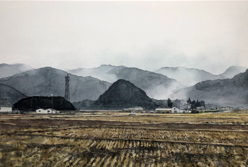 building clouds cloudy_sky day farm field fog highres mouen_tw mountain mountainous_horizon no_humans original painting_(medium) rural scenery sky traditional_media transmission_tower watercolor_(medium) white_sky