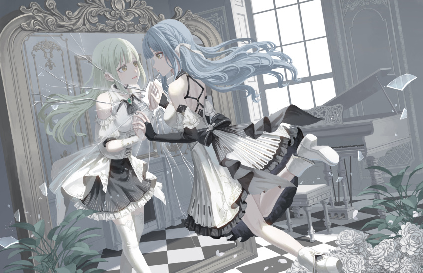 2girls ascot bang_dream! bang_dream!_it's_mygo!!!!! black_ascot black_gloves black_skirt blue_hair bridal_gauntlets chinese_commentary closed_mouth clothing_cutout commentary_request crack cracked_glass dress elbow_gloves flower gloves grand_piano green_hair hair_ribbon highres indoors instrument long_hair looking_at_another multiple_girls piano piano_bench plant potted_plant ribbon rose shoulder_cutout skirt thigh-highs tile_floor tiles togawa_sakiko wakaba_mutsumi white_dress white_flower white_footwear white_gloves white_ribbon white_rose white_thighhighs wind xukong yellow_eyes