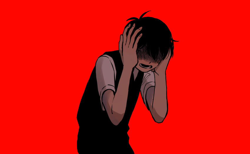 1boy black_hair black_sweater_vest faceless faceless_male hands_on_own_head highres k_toast long_hair lower_teeth_only omori open_mouth partially_shaded_face red_background shirt short_hair short_sleeves simple_background solo sunny_(omori) sweater_vest teeth white_shirt