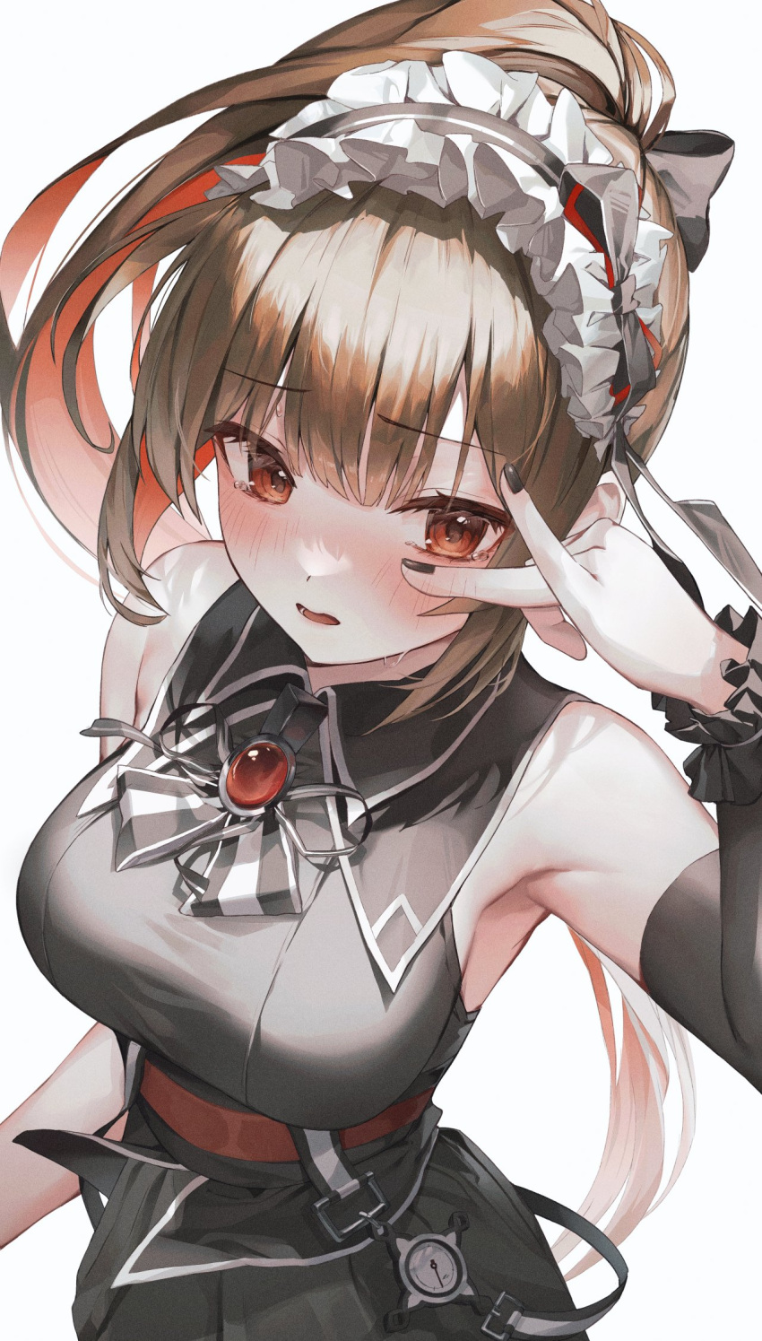 1girl bare_shoulders black_dress black_nails black_survival blush breasts brown_hair collared_dress colored_inner_hair commentary detached_sleeves dress estelle_(black_survival) eternal_return:_black_survival frilled_hairband frilled_sleeves frills gyogyog hairband hand_up highres large_breasts long_hair looking_at_viewer multicolored_hair orange_hair parted_lips red_eyes simple_background sleeveless sleeveless_dress solo tearing_up white_background
