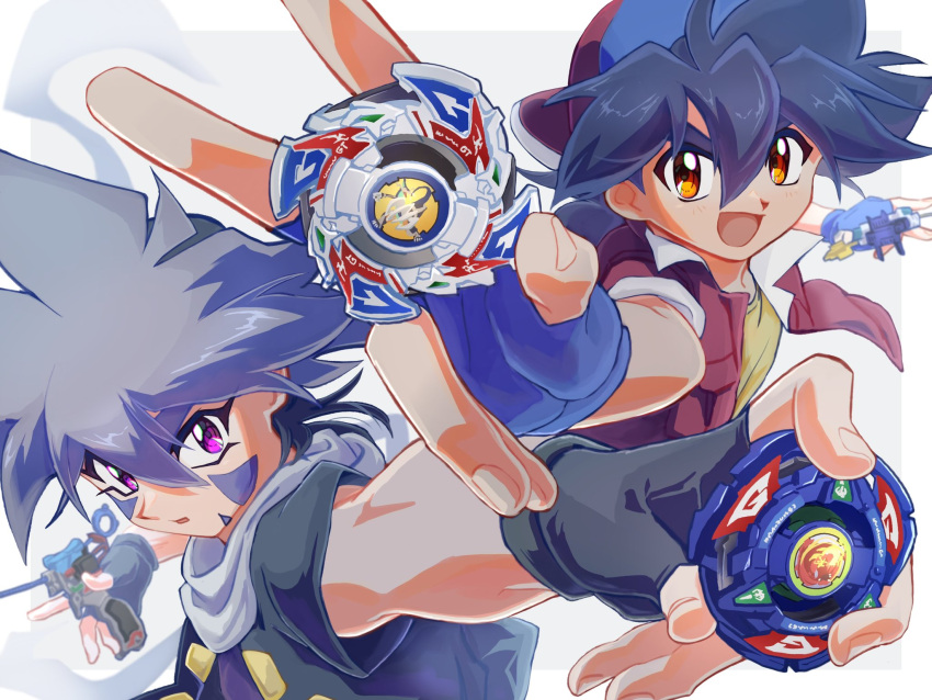 2boys backwards_hat bakuten_shoot_beyblade baseball_cap beyblade beyblade_(object) black_gloves blue_gloves blue_hair brown_eyes facial_mark fingerless_gloves gloves hat highres hiwatari_kai holding jacket kinomiya_takao male_focus medium_hair multiple_boys open_mouth outstretched_arm red_jacket scarf serious shirt simple_background sleeve_rolled_up smile smirk solo spiky_hair tkoknmy0321 upper_body violet_eyes white_background white_scarf yellow_shirt