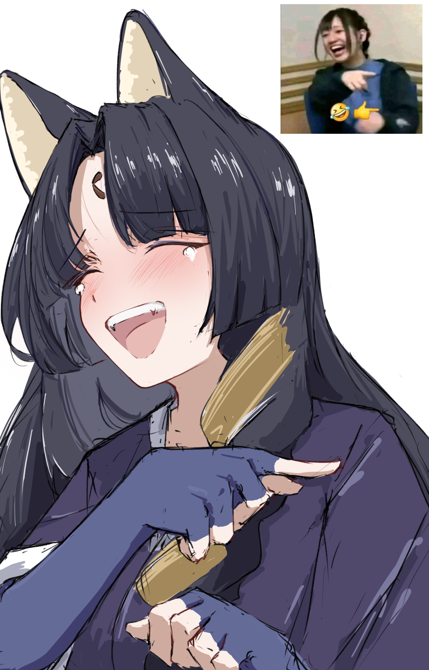1girl :d ^_^ absurdres animal_ears arknights black_hair closed_eyes commentary dog_ears facial_mark fingerless_gloves forehead_mark gloves hands_up highres japanese_clothes kimono long_hair photo-referenced purple_kimono reference_inset saga_(arknights) simple_background sketch smile solo tearing_up tobildesu upper_body white_background