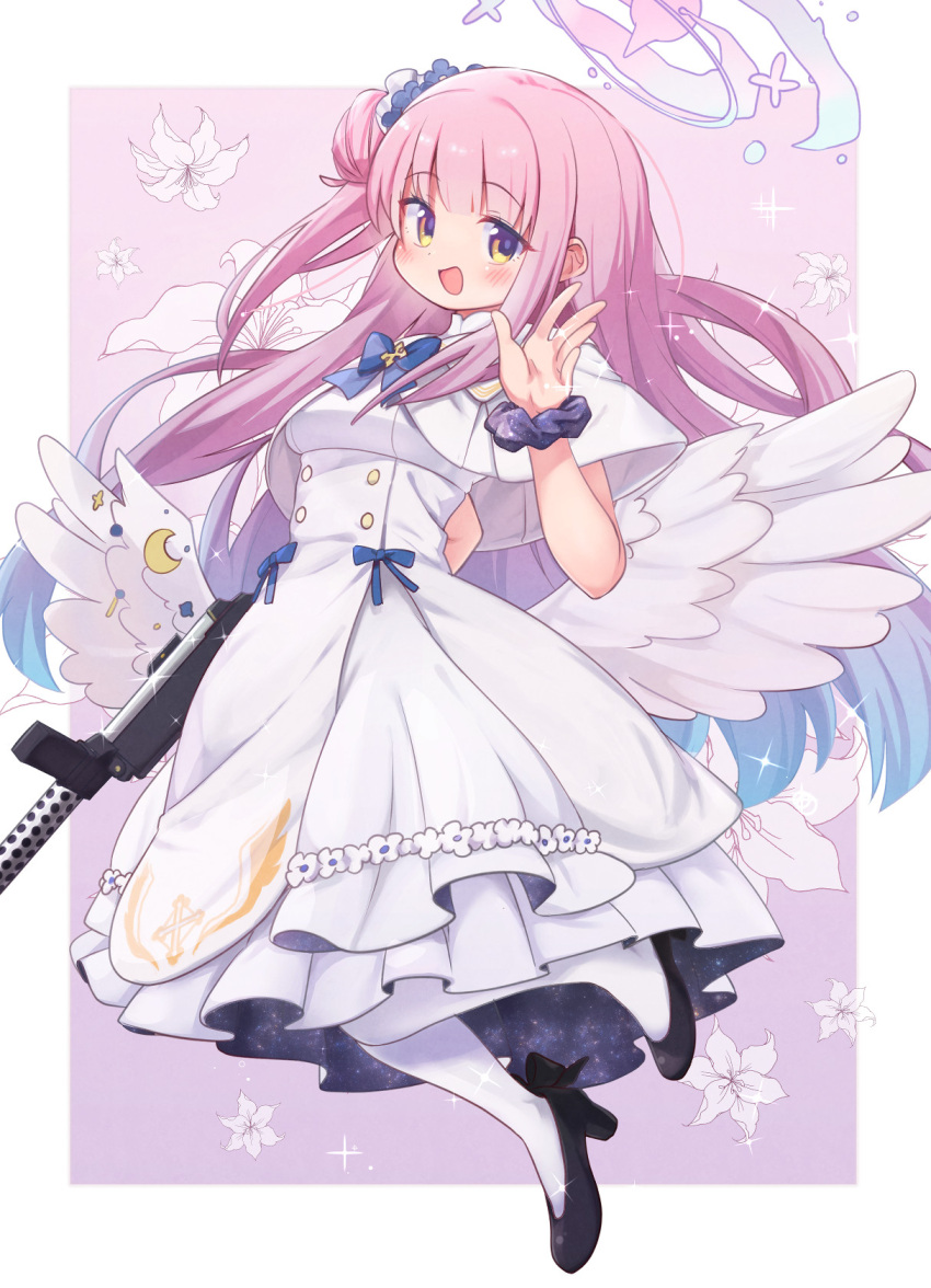 1girl angel_wings black_footwear blue_archive blush breasts capelet dress feathered_wings flower gun hair_bun hair_flower hair_ornament halo high_heels highres long_hair looking_at_viewer medium_breasts mika_(blue_archive) open_mouth pantyhose pink_hair pink_halo purple_flower purple_scrunchie scrunchie seisu122231 single_side_bun smile solo weapon white_capelet white_dress white_pantyhose white_wings wings wrist_scrunchie yellow_eyes