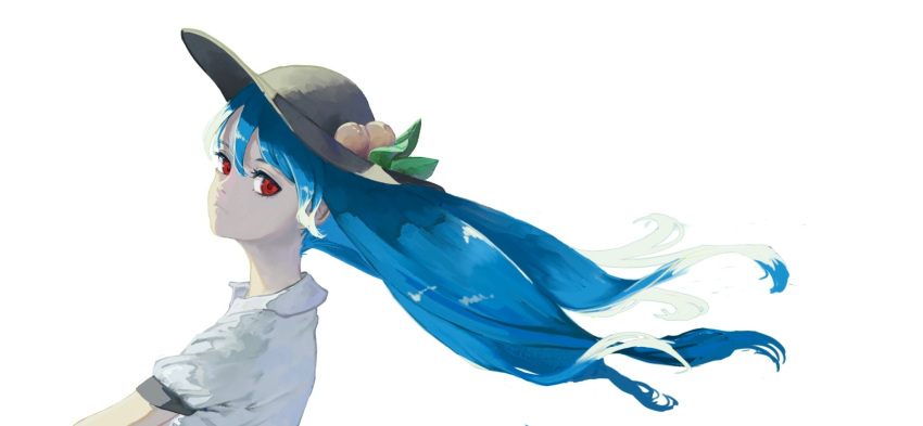 1girl as_scolipede blue_hair closed_mouth collared_shirt commentary expressionless floating_hair food fruit hat highres hinanawi_tenshi leaf_hat_ornament long_hair looking_at_viewer looking_to_the_side peach peach_hat_ornament red_eyes shirt short_sleeves simple_background solo symbol-only_commentary touhou upper_body white_background white_shirt wind