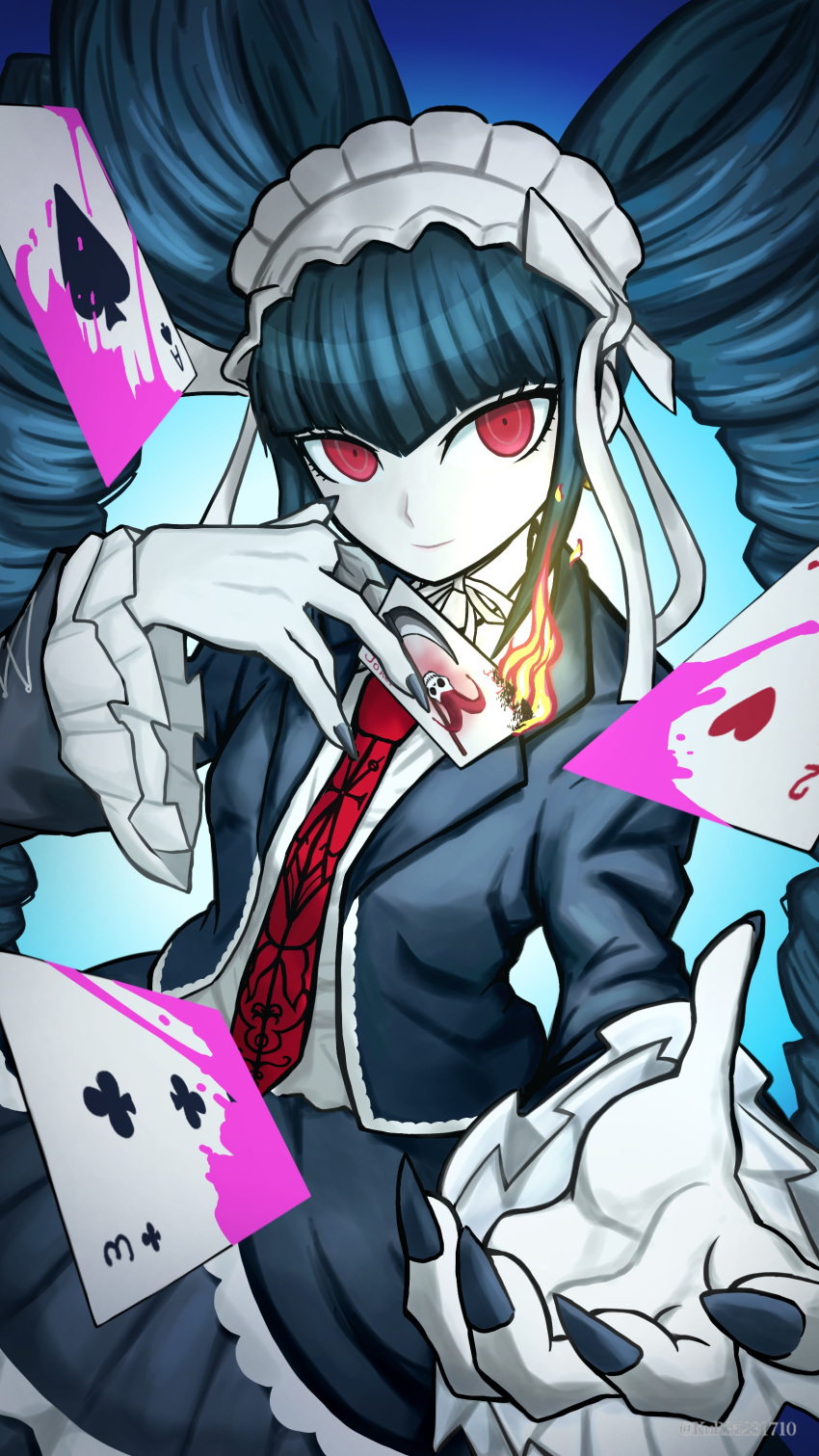 1girl absurdres aruke_(gter7727) black_hair black_nails blood bonnet card celestia_ludenberg claw_ring danganronpa:_trigger_happy_havoc danganronpa_(series) drill_hair frills gothic_lolita headdress highres jacket jewelry lolita_fashion long_hair long_sleeves looking_at_viewer nail_polish necktie pink_blood red_eyes red_necktie shirt solo twin_drills twintails