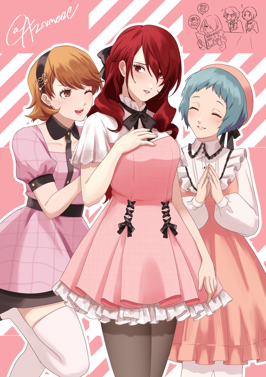 3girls absurdres alternate_costume aqua_hair arrow_hair_ornament aznmeee black_bow black_bowtie black_hairband black_pantyhose black_ribbon black_skirt blush bow bowtie brown_eyes brown_hair closed_eyes commentary_request cowboy_shot dress earrings foot_up frilled_dress frilled_skirt frills hair_between_eyes hair_ornament hair_ribbon hairband hairclip hat heart heart_hair_ornament highres holding holding_magazine jewelry juliet_sleeves kirijou_mitsuru long_hair long_sleeves looking_at_another looking_at_viewer magazine_(object) multiple_girls one_eye_closed open_mouth own_hands_together pantyhose parted_lips persona persona_3 pink_dress pink_hat pink_theme puffy_short_sleeves puffy_sleeves red_eyes redhead ribbon shirt short_hair short_sleeves skirt smile stud_earrings takeba_yukari thigh-highs twitter_username white_shirt white_thighhighs yamagishi_fuuka