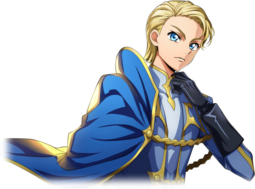 1boy artist_request black_gloves blonde_hair blue_cape blue_eyes cape closed_mouth code_geass code_geass:_lost_stories code_geass_(manga) cropped_torso forehead game_cg gloves gold_trim hand_up jacket long_sleeves looking_at_viewer male_focus military_uniform non-web_source official_art schnee_hexenhaus serious shirt short_hair side_cape simple_background solo standing transparent_background uniform upper_body v-shaped_eyebrows white_jacket white_shirt