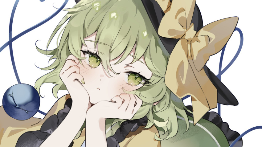 1girl :&lt; black_hat blush bow bright_pupils close-up closed_mouth commentary dutch_angle eyelashes frilled_shirt_collar frilled_skirt frills green_eyes green_hair green_nails green_skirt hair_between_eyes hands_on_own_cheeks hands_on_own_face hat hat_bow highres huge_bow komeiji_koishi looking_at_viewer medium_hair nail_polish shirt simple_background skirt solo sorani_(kaeru0768) third_eye touhou tsurime wavy_hair white_background yellow_bow yellow_shirt