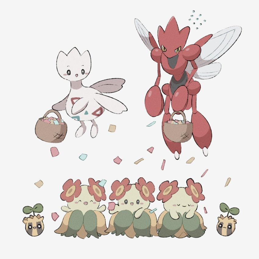 :3 :d ^_^ arms_up basket bellossom black_eyes blush blush_stickers bright_pupils closed_eyes closed_mouth confetti flower flying flying_sweatdrops happy highres holding holding_basket looking_at_viewer no_humans open_mouth pokemon pokemon_(creature) red_flower scizor simple_background smile sumi_fms sunkern togetic u_u v-shaped_eyebrows white_background white_pupils yellow_eyes