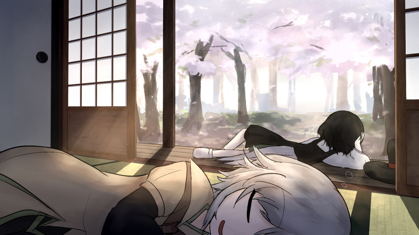 2others androgynous black_hair black_hat black_shorts black_sleeves black_vest brown_coat brown_sleeves cherry_blossoms closed_eyes coat collared_coat commentary day enraku_tsubakura falling_petals foot_out_of_frame from_behind full_body green_hakama grey_hair hakama hakama_short_skirt hakama_skirt hand_on_own_head hashtag-only_commentary hat highres houlen_yabusame indoors japanese_clothes kuroda_(kurota_ne) layered_sleeves len'en long_sleeves lying multiple_others no_shoes on_side onsen open_mouth other_focus petals puffy_short_sleeves puffy_sleeves shirt short_hair short_over_long_sleeves short_sleeves shorts shouji skirt sleeping sliding_doors smile socks squeans tatami top_hat tree unworn_hat unworn_headwear vest white_shirt white_sleeves white_socks