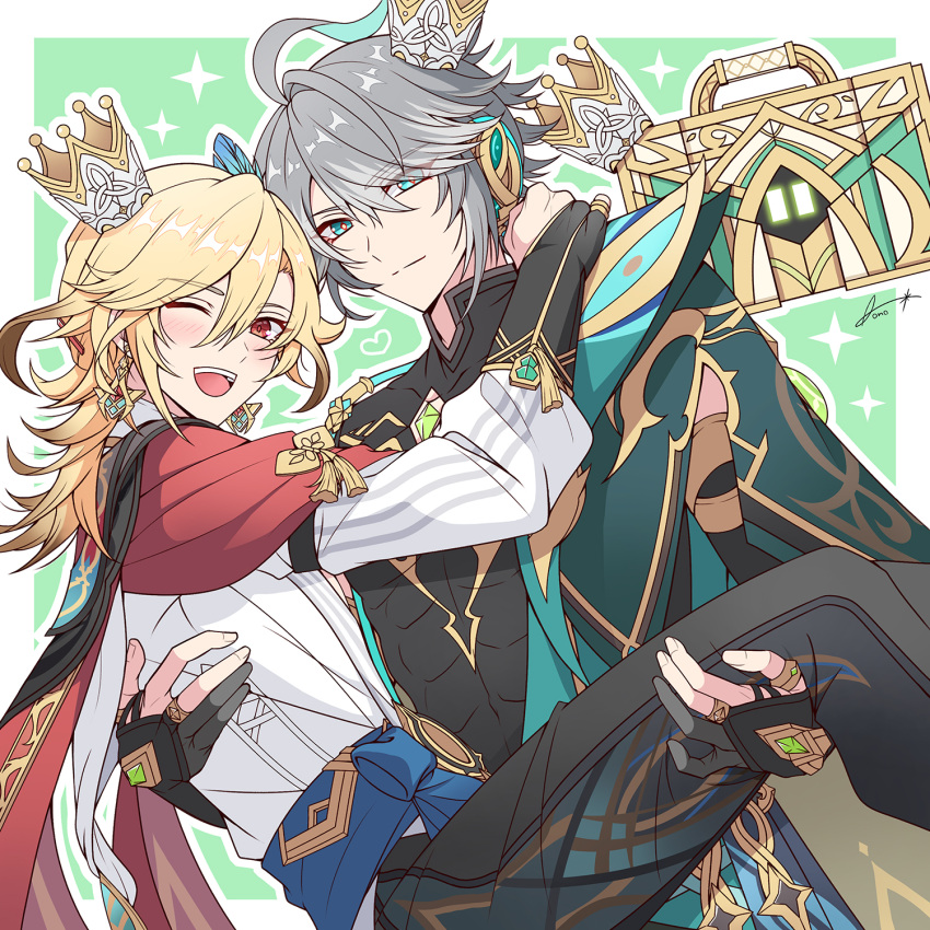2boys ;d ahoge alhaitham_(genshin_impact) aono_(aono_pic) aqua_hair artist_name black_gloves black_pants black_shirt blonde_hair blue_sash blush border cable cape carrying chest_jewel closed_mouth commentary_request compression_shirt covered_abs crown crown_of_insight earrings eyelashes feather_hair_ornament feathers fingerless_gloves gem genshin_impact gloves gold_trim green_background green_cape green_eyes green_gemstone grey_hair hair_between_eyes hair_ornament hairclip headphones heart highres jewelry kaveh_(genshin_impact) light_smile long_hair long_sleeves looking_at_viewer male_focus mehrak_(genshin_impact) multicolored_hair multiple_boys one_eye_closed open_mouth outline outside_border pants parted_bangs partially_fingerless_gloves princess_carry puffy_long_sleeves puffy_sleeves red_cape red_eyes sash shirt short_hair sidelocks signature simple_background sleeveless sleeveless_shirt smile sparkle split_mouth suitcase swept_bangs tassel teeth tilted_headwear upper_teeth_only vision_(genshin_impact) white_border white_outline white_shirt