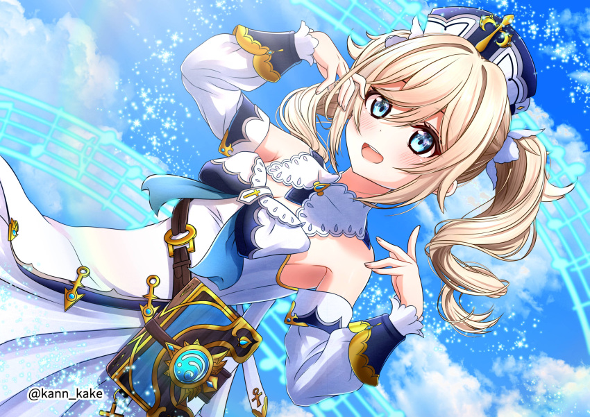 1girl artist_name barbara_(genshin_impact) belt blonde_hair blue_bow blue_eyes blue_sky book book_holster bow breasts brooch brown_belt clouds cloudy_sky cross detached_collar detached_sleeves dot_nose dress dress_bow drill_hair genshin_impact gold_trim hair_between_eyes hair_intakes hair_ornament hand_in_own_hair hands_up hat highres jewelry kankake_kann_kake latin_cross light_blush light_particles long_hair looking_at_viewer mini_hat musical_note open_mouth orb sidelocks sky sleeve_cuffs sleeveless sleeveless_dress small_breasts strapless strapless_dress sunlight teeth twin_drills twintails two-tone_bow upper_teeth_only white_bow white_dress