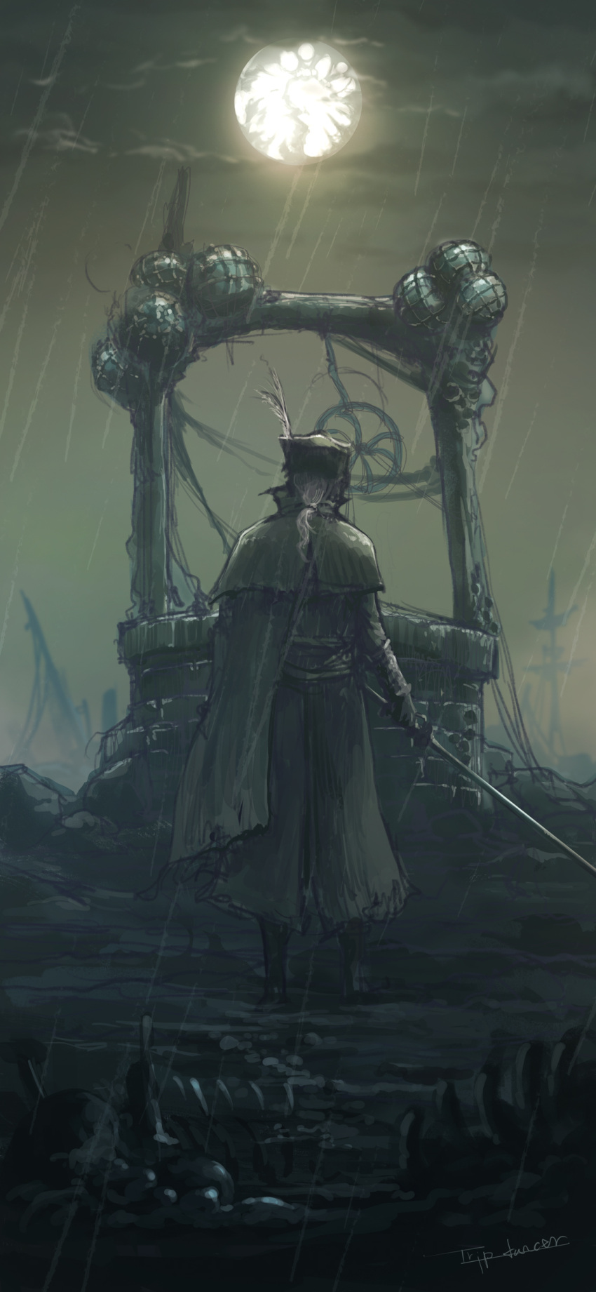 1girl absurdres bloodborne brown_capelet brown_coat brown_hat capelet coat facing_away from_behind grey_hair hat hat_feather highres holding holding_sword holding_weapon lady_maria_of_the_astral_clocktower moon outdoors ponytail rain skeleton solo sword tricorne tripdancer weapon well