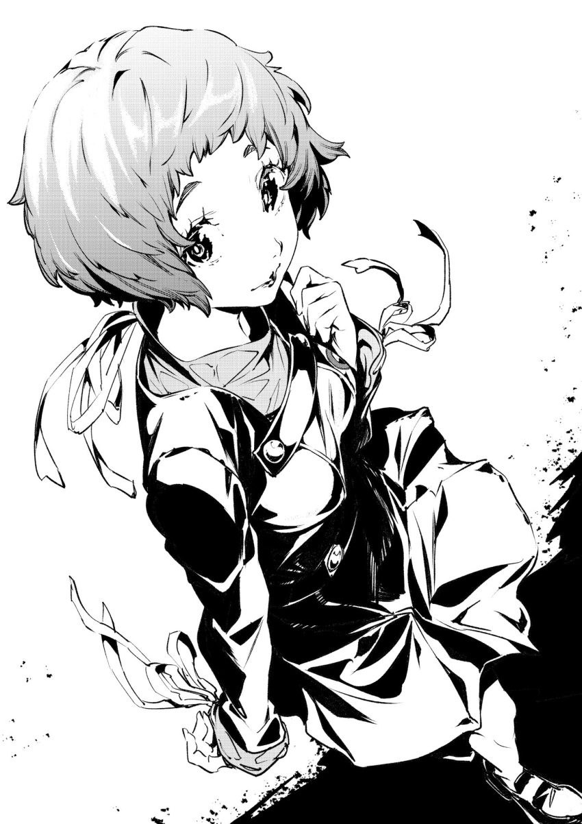 1girl closed_mouth commentary_request debris from_above full_body gekkoukan_high_school_uniform greyscale highres jacket long_sleeves looking_at_viewer looking_up monochrome persona persona_3 pleated_skirt ribbon saeki_shun school_uniform shoes short_hair skirt solo standing yamagishi_fuuka