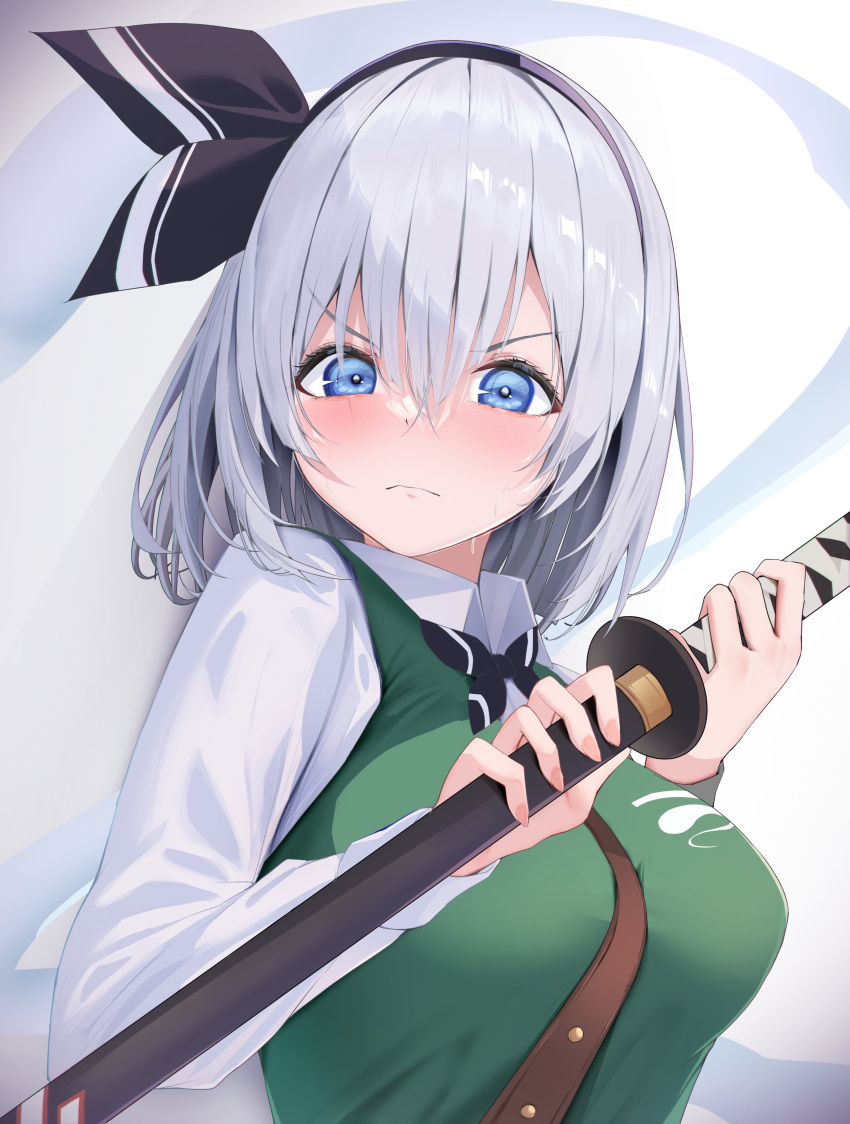 1girl 258n absurdres alternate_breast_size black_hairband blue_eyes blush breasts closed_mouth commentary grey_background grey_hair hairband highres holding holding_sword holding_weapon konpaku_youmu large_breasts long_sleeves looking_at_viewer short_hair simple_background solo sword symbol-only_commentary touhou upper_body v-shaped_eyebrows weapon