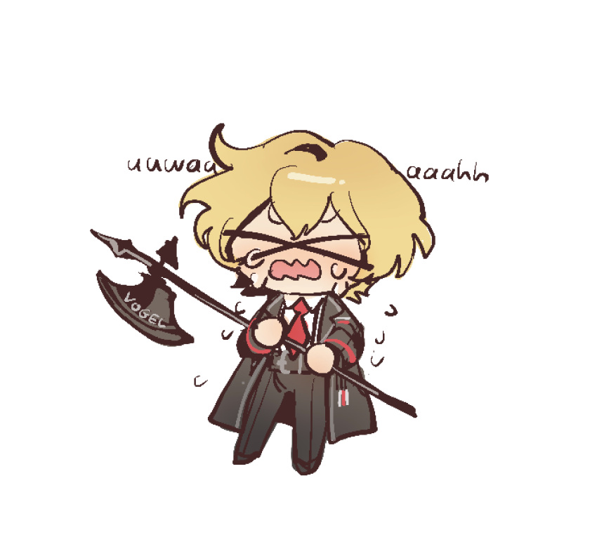 1boy black_suit blonde_hair chibi closed_eyes collared_shirt flying_sweatdrops full_body g1a1c2a1e2e2d2 halberd highres holding holding_polearm holding_weapon limbus_company necktie open_mouth polearm project_moon red_necktie shirt short_hair simple_background sinclair_(project_moon) solo suit weapon white_background white_shirt x_x