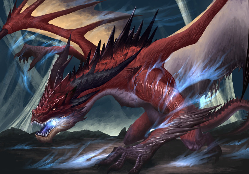 absurdres arm_up aura breath_weapon breathing_fire dragon dragon_horns dragon_tail dragon_wings fire highres horns monster monster_hunter:_world monster_hunter_(series) monster_hunter_world:_iceborne multiple_horns nextmonoris open_mouth orange_eyes red_scales safi'jiiva sharp_teeth slit_pupils solo spiked_tail spikes spread_wings tail teeth torn_wings webbing western_dragon wings