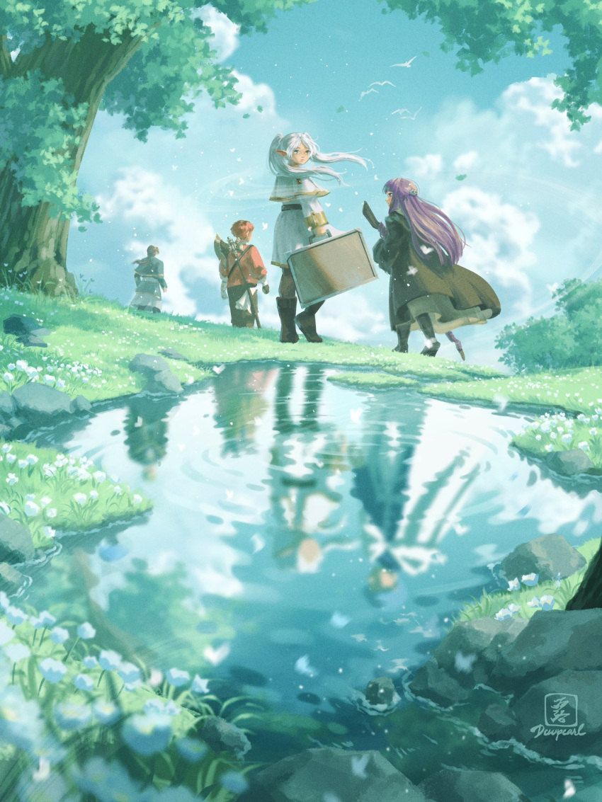 2boys 2girls artist_name axe battle_axe bird black_coat blue_flower blue_sky boots brown_footwear capelet clouds coat commentary dewpearl_art english_commentary fern_(sousou_no_frieren) flower frieren from_behind full_body gold_trim green_theme highres holding holding_staff holding_suitcase jacket long_hair looking_at_viewer looking_back mage_staff multiple_boys multiple_girls outdoors pointy_ears pond purple_hair red_jacket redhead rock sein_(sousou_no_frieren) short_hair signature sky sousou_no_frieren staff stark_(sousou_no_frieren) suitcase tree twintails weapon weapon_on_back white_capelet white_hair