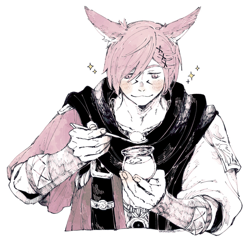1boy :3 animal_ears black_scarf bracer cat_ears commentary cropped_torso dated facial_mark final_fantasy final_fantasy_xiv food g'raha_tia hair_ornament hatching_(texture) holding holding_jar holding_spoon itowff14 jacket jar limited_palette looking_at_food looking_down male_focus miqo'te pink_hair pink_jacket pudding scarf shirt short_hair signature simple_background smile solo sparkle spoon swept_bangs upper_body white_background white_shirt x_hair_ornament