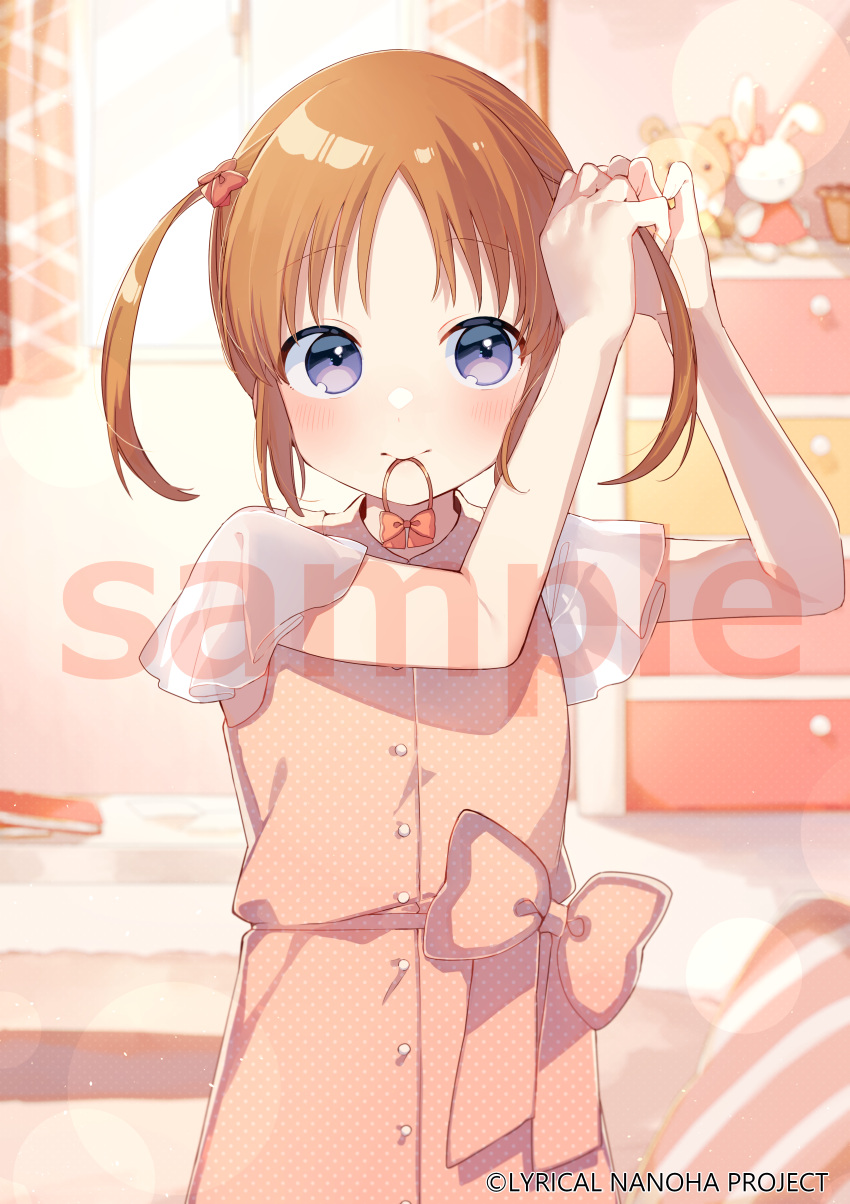 1girl absurdres arms_up blush bow brown_hair chest_of_drawers closed_mouth commentary_request curtains day dress hair_bow highres indoors lyrical_nanoha mahou_shoujo_lyrical_nanoha mouth_hold official_art parted_bangs pink_dress red_bow sample_watermark short_sleeves sidelocks sofra solo stuffed_animal stuffed_rabbit stuffed_toy sunlight takamachi_nanoha teddy_bear twintails tying_hair violet_eyes watermark wide_sleeves window