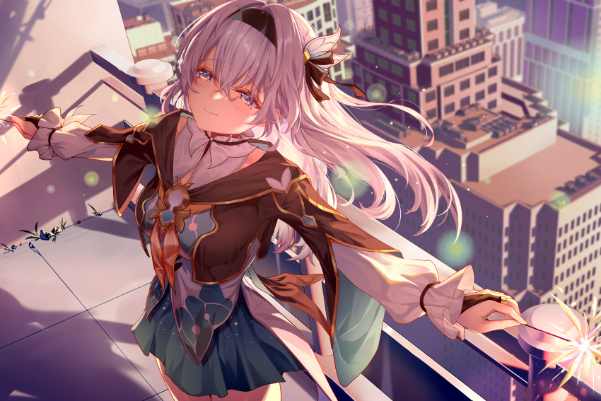 1girl absurdres black_gloves black_hairband breasts cityscape collared_shirt cropped_jacket fingerless_gloves firefly_(honkai:_star_rail) floating_hair gloves green_skirt grey_hair hair_between_eyes hair_ornament hairband highres holding_fireworks honkai:_star_rail honkai_(series) long_hair long_sleeves looking_at_viewer medium_breasts outdoors outstretched_arms shijihuakai shirt skirt smile two-tone_eyes