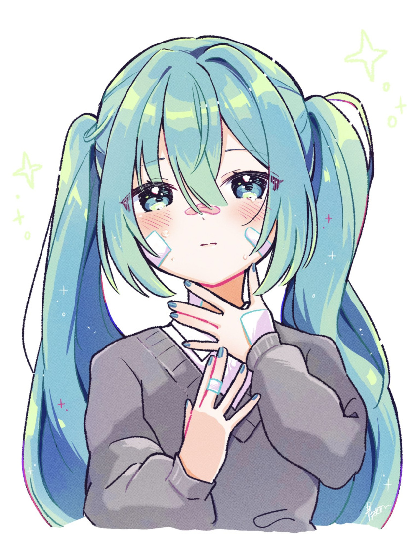 1girl :| aoiyui bandaid bandaid_on_cheek bandaid_on_face bandaid_on_nose blue_eyes blue_hair blue_nails blush closed_mouth collared_shirt cropped_torso dot_nose gauze_on_cheek gauze_on_hand grey_sweater hair_between_eyes hatsune_miku highres long_hair long_sleeves looking_at_viewer nail_polish rolling_girl_(vocaloid) school_uniform shirt sidelocks solo sparkle sweater twintails v-neck vocaloid white_background white_shirt