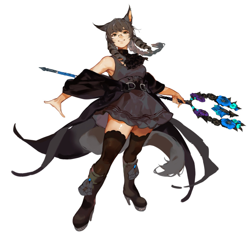1girl animal_ears black_cape black_dress black_footwear black_thighhighs boots brown_hair cape double-parted_bangs dress drill_hair drill_sidelocks facing_viewer final_fantasy final_fantasy_xiv full_body glasses grey_eyes head_tilt high_heel_boots high_heels highres holding holding_trident holding_weapon knee_boots mafuin_da miqo'te off_shoulder painterly parted_lips polearm ponytail sidelocks simple_background sleeveless sleeveless_dress smile solo tail thigh-highs three_quarter_view trident warrior_of_light_(ff14) weapon white_background