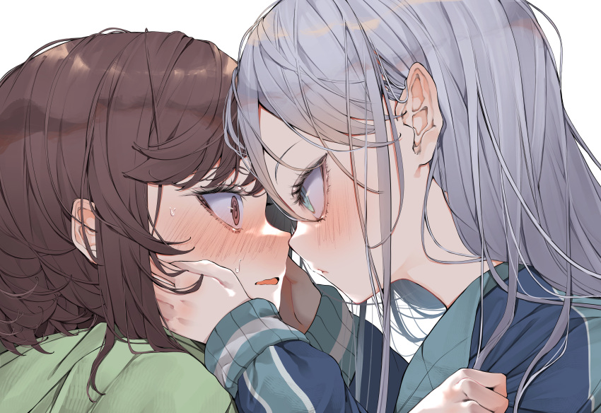2girls absurdres blue_jacket blush brown_eyes brown_hair close-up clothes_tug commentary green_eyes green_shirt grey_hair hands_on_another's_cheeks hands_on_another's_face highres jacket looking_at_another multiple_girls parted_lips project_sekai shinonome_ena shirt short_hair sidelocks simple_background sweatdrop swept_bangs tsune_(tune) white_background yoisaki_kanade yuri
