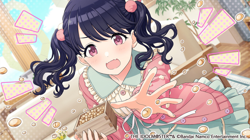 1girl beans black_hair couch dutch_angle fangs fukumaru_koito hair_ornament idolmaster idolmaster_shiny_colors indoors long_hair long_sleeves looking_at_viewer mamemaki official_art open_mouth setsubun skin_fangs solo soybean throwing twintails violet_eyes