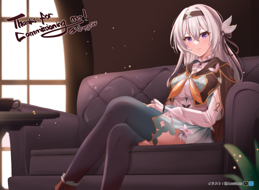 1girl absurdres aruvian13 black_hairband black_jacket breasts collared_shirt commission couch cropped_jacket crossed_legs firefly_(honkai:_star_rail) floating_hair grey_hair hair_between_eyes hair_ornament hairband highres honkai:_star_rail honkai_(series) indoors jacket long_hair long_sleeves looking_at_viewer medium_breasts neckerchief on_couch orange_neckerchief ribbon shirt sitting skirt smile thigh-highs