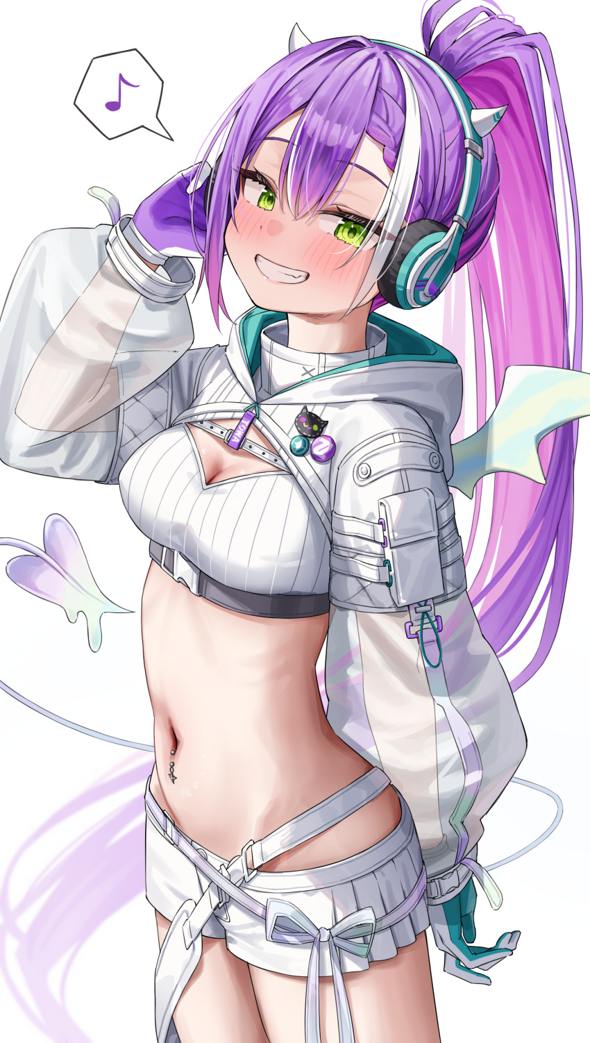 1girl absurdres bandeau blush demon_tail ear_piercing fake_horns gloves green_eyes green_tea_(greente42869067) hair_ornament headphones headset highres hip_tattoo hololive hooded_shrug horned_headwear horns long_hair long_sleeves looking_at_viewer melting_tail multicolored_hair navel navel_piercing open_mouth piercing pink_hair ponytail purple_hair ribbed_bandeau see-through see-through_sleeves shorts smile solo strapless streaked_hair tail tokoyami_towa tokoyami_towa_(5th_costume) tube_top two-sided_gloves virtual_youtuber white_bandeau white_gloves white_shorts white_shrug white_tail white_tube_top winged_heart_tattoo wings