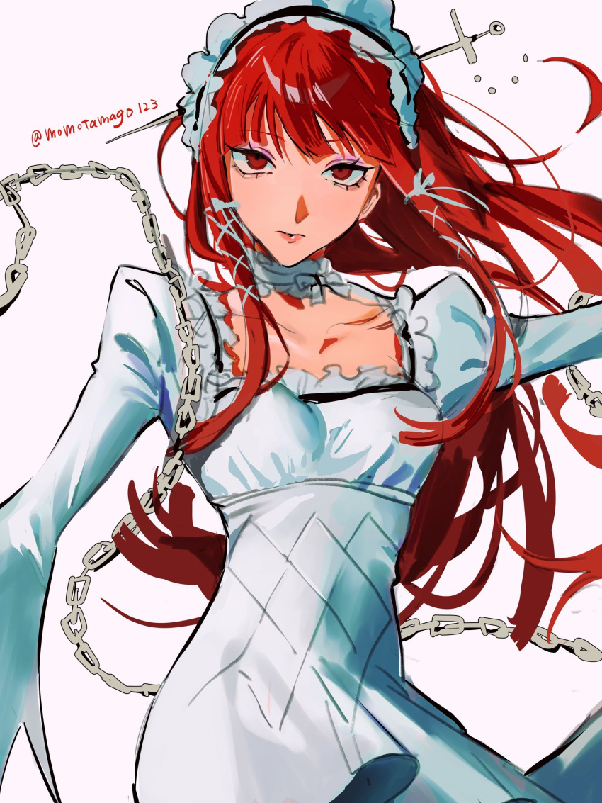 1girl blunt_bangs chain closed_mouth collar collarbone commentary detached_collar dress eyeshadow frilled_hairband frills hair_ornament hair_ribbon hairband highres long_hair long_sleeves looking_at_viewer makeup momotamago persona persona_3 red_eyes redhead ribbon sidelocks simple_background solo twitter_username upper_body white_collar white_dress white_hairband white_ribbon yoshino_chidori