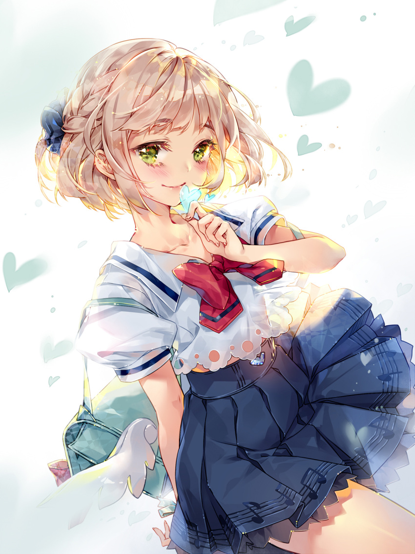 1girl anri_(synthesizer_v) aqua_bag arm_behind_back backpack bag blue_scrunchie blue_skirt blush bow bowtie braid closed_mouth collarbone collared_shirt english_commentary green_eyes hair_ornament hair_scrunchie half_updo hand_up heart hieihirai highres holding holding_heart light_brown_hair looking_at_viewer midriff_peek musical_note official_art puffy_short_sleeves puffy_sleeves red_bow red_bowtie scrunchie shirt short_hair short_sleeves skirt smile solo synthesizer_v white_shirt