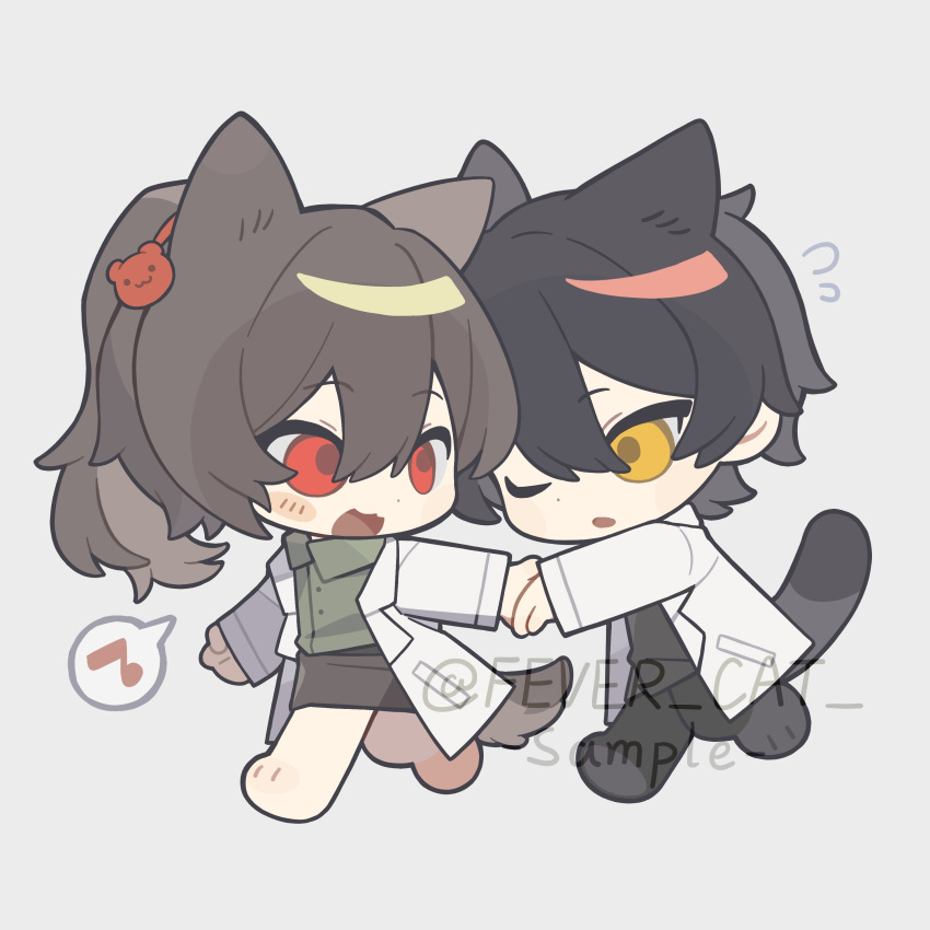 1boy 1girl :d :o absurdres animal_ears ayin_(project_moon) barefoot black_hair black_pants blush brown_hair carmen_(project_moon) cat_boy cat_ears cat_girl cat_tail chibi coat fevercat flying_sweatdrops from_side green_shirt grey_skirt hair_between_eyes heart hetero highres holding_hands kemonomimi_mode lab_coat looking_at_another one_eye_closed open_mouth outstretched_arm pants pencil_skirt ponytail project_moon red_eyes shirt short_hair sidelocks simple_background skirt smile spoken_heart tail white_background white_coat yellow_eyes